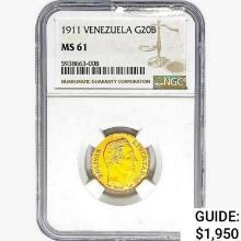 1911 Venezuela .1867oz Gold 20 Bolivares NGC MS61