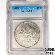 1892 Morgan Silver Dollar ICG AU58