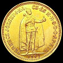 1907 Hungary 10 Korona Gold .098oz AGW CLOSELY UNCIRCULATED