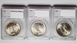 3 Slabbed MS Quality BU US SIlver Peace Dollars - 1922, 1924 and 1925