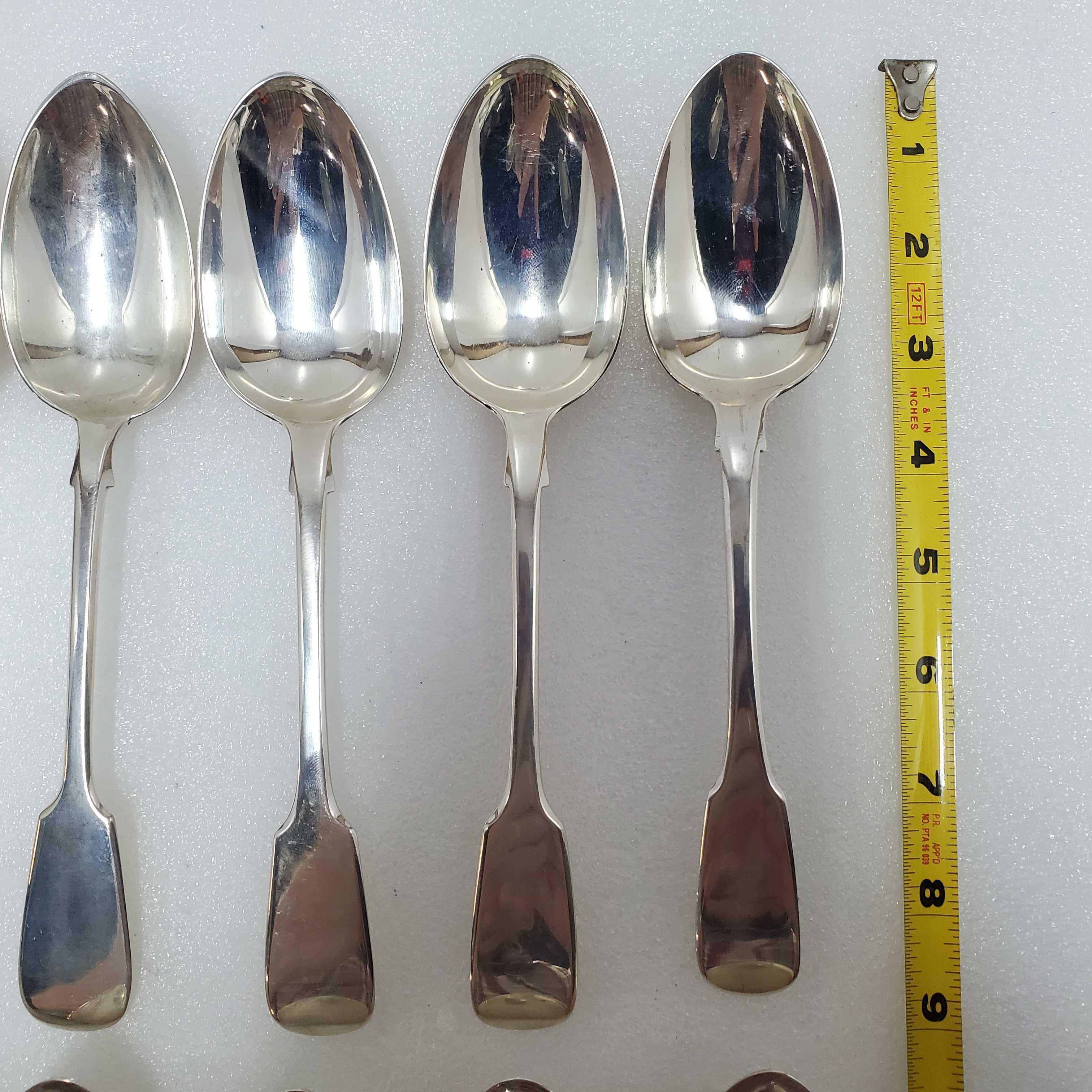 12 English Sterling Silver Hallmarked Fiddle Back Table Spoons