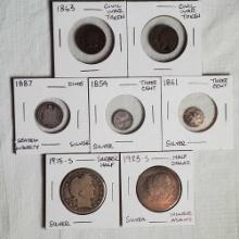 1915-S and 1923-S Half Dollars, 1887 Dime, 1854 & 1861 Three Cent, 1860s and 1863 Civil War Tokens