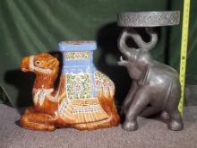 Ceramic Camel and Wooden Elephant Stands/Stools