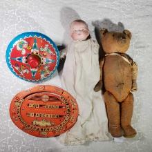 Bye Low Porcelain Bisque Baby Doll, Wounded Teddy, Spelling Game and Top
