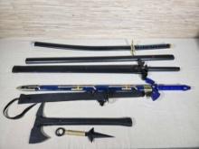 Lot Of Japanese Fantasy / Practice Reproduction Swords, Trowing Ax & Knife