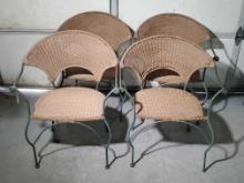 Set Of 4 Vintage Wrought Iron And Synthetic Wicker Out Door Arm Chairs