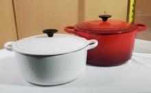 Red and White Enameled Cast Iron Le Crouset French Covered Dutch Ovens