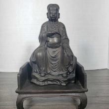 Chinese Ming Bronze Of Ancester With Wooden Throne Seat