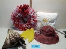 Misc. Lot, Wreath, pillow, hat, umbrella, Scarf
