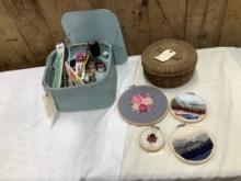 2 Vintage Sewing Baskets & Needlepoint Pieces