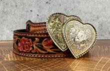 Tooled Leather Cowgirl Belt Heart Horse Buckle