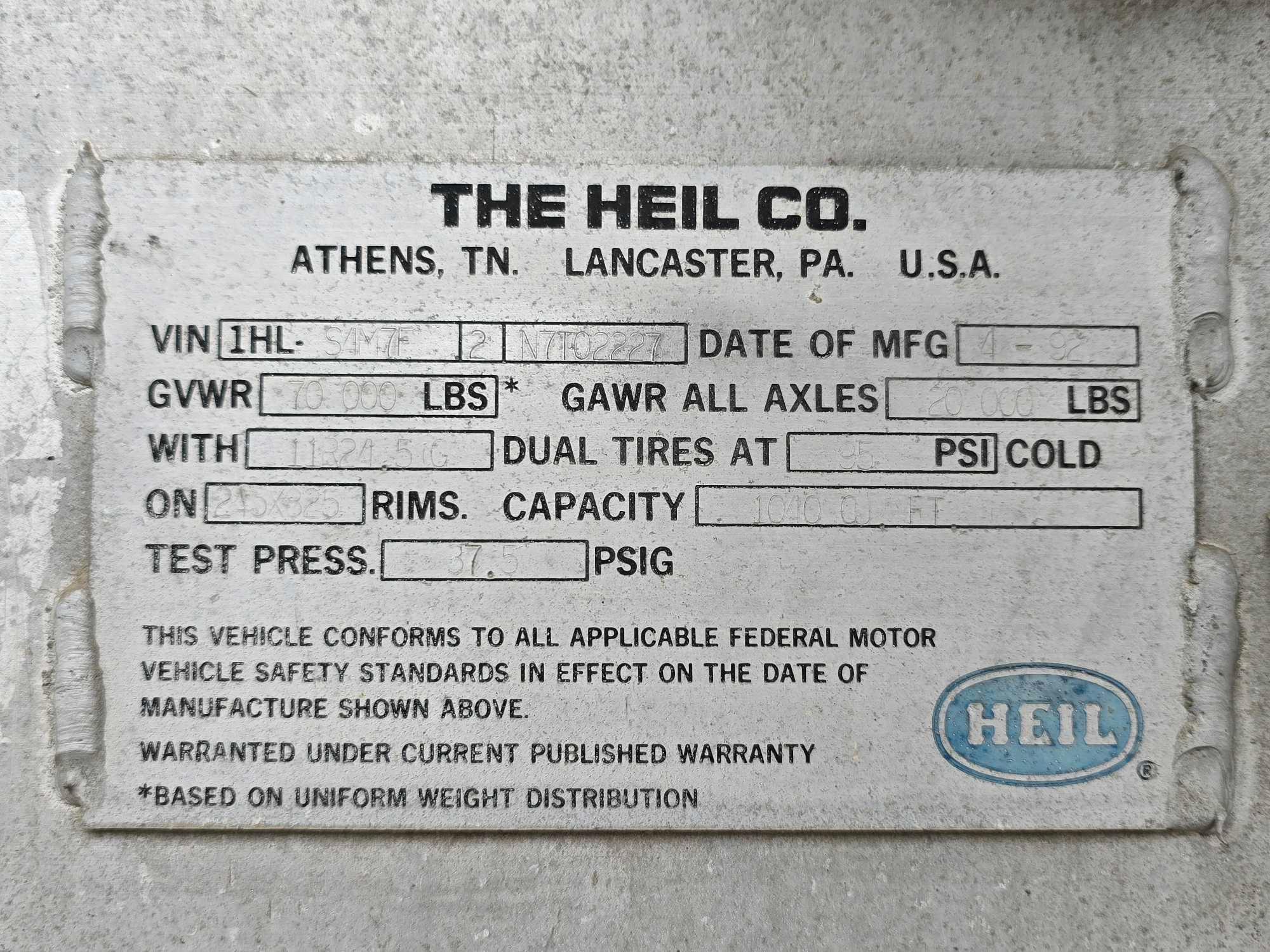 1992 Heil 31 Foot Pneumatic Tank Trailer