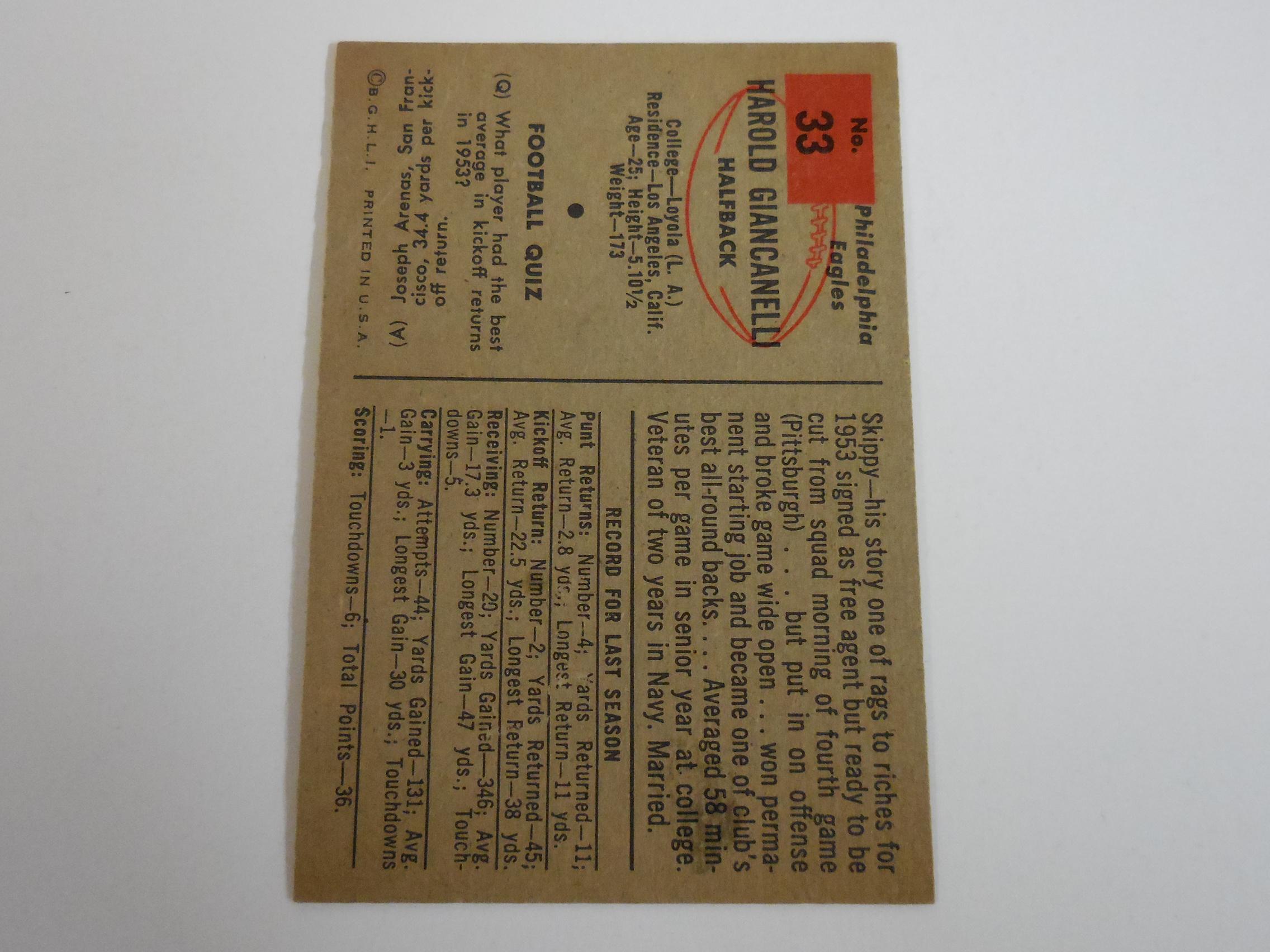 1954 BOWMAN FOOTBALL #33 HAL GIANCANELLI ROOKIE CARD PHILADELPHIA EAGLES RC