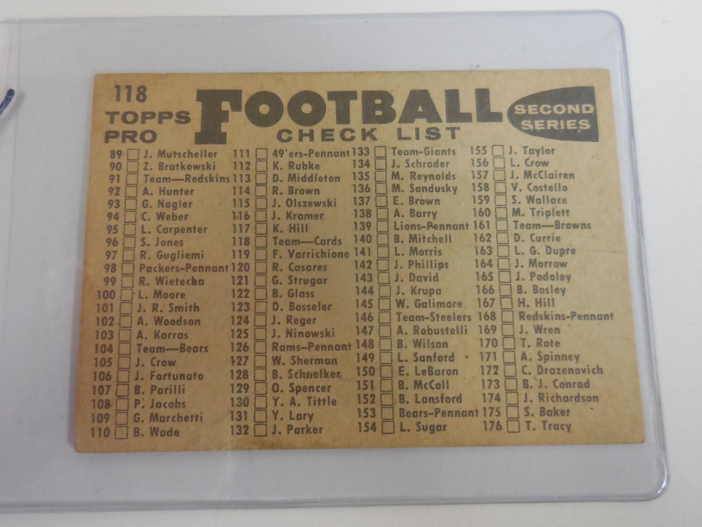 1959 TOPPS FOOTBALL #118 CHICAGO CARDINALS FINAL YEAR TEAM CARD
