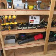Contents of Shelves:  DeWalt Tools, Batteries & Chargers, DW938 Variable Sp