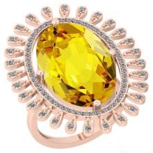 21.83 Ctw I2/I3 Lemon Topaz And Diamond 14k Rose Gold Engagement Halo Ring
