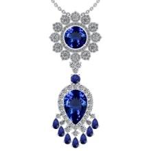 Certified 15.49 Ctw VS/SI1 Tanzanite,Blue Sapphire And Diamond 14K White Gold Vintage Style Necklace