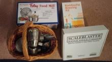 Lot of kitchen items, Foley food mill with box, kombucha brewing kit and ScaleBlaster Water Conditi