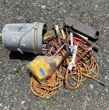Bucket of Hand Tools, Extension Cord, and Light