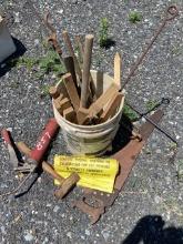 Bucket of Miscellaneous, Handsaw, Hammer, Posted Signs, Grease Gun