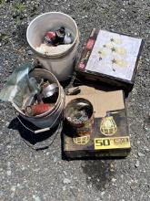 Bucket of Miscellaneous, Nails, Hand Tools, Chain, Light