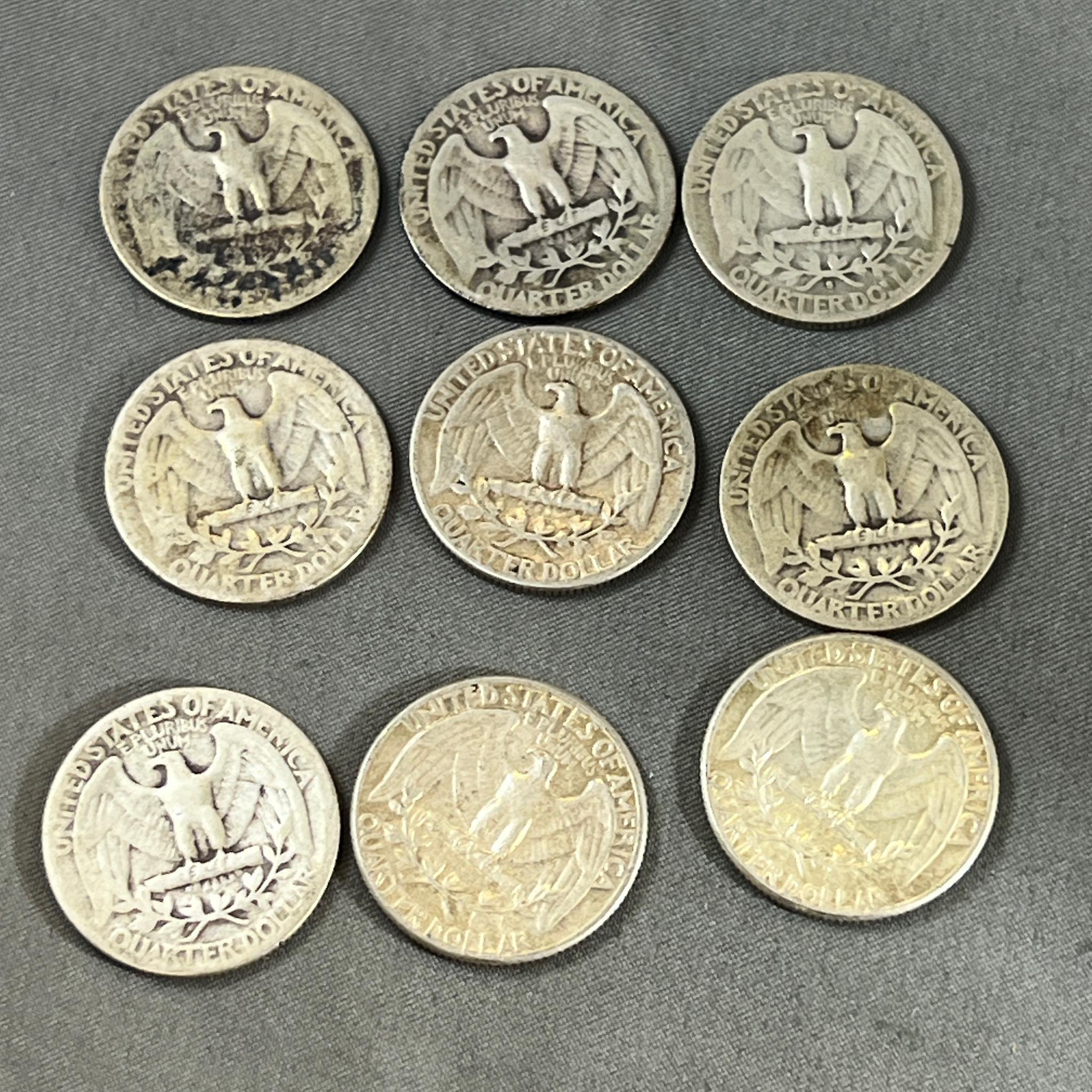 9- 90% Silver Washington Quarters, various dates