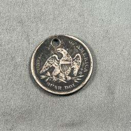 1853 Seated Liberty Quarter Dollar, Holed