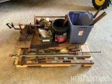 Bar clamps, levels, mitre saw, saws, files, and nails