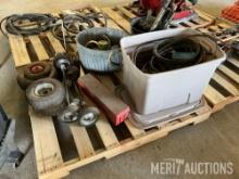 Bushel basket, rope, truch flares, sm. Tires and axels, and tote of misc hardware