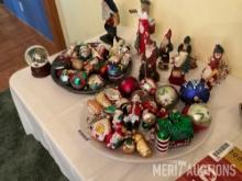 Christmas ornaments, figurines, and snow globe