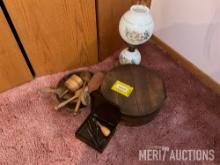 Wooden hat box, wooden utensils and lamp with globe