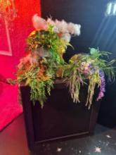 FLORAL / ASTRONAUT DISPLAYS - LARGE WOOD STANDS WITH ARTIFICIAL PLANTS/FLOW
