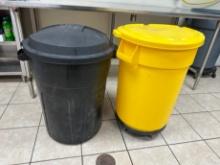TRASH RECEPTICLES - (1) BLACK WITH LID (1) YELLOW WITH LID & DOLLY