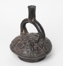 Pre-Columbian Moche Peruvian Blackware Stirrup Vessel, 100-700 CE