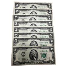 Lot of 8 New Crisp $2 Bills with Consecutive Serial Numbers