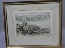 Antique Paul Geissler Church on  Lake Lucerne Switzerland Color Etching