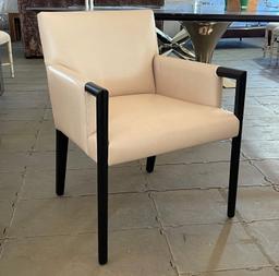 Holly Hunt Cream Leather Arm Chairs With Black Wood Frame