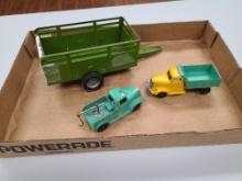 Vintage Toy Trucks, Tootsie Toy and green Farm Trailer Lot