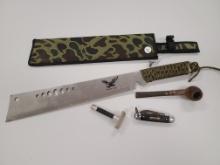 Mixed lot of hand tools: Machete, Pocket Knife, Razor and Pipe