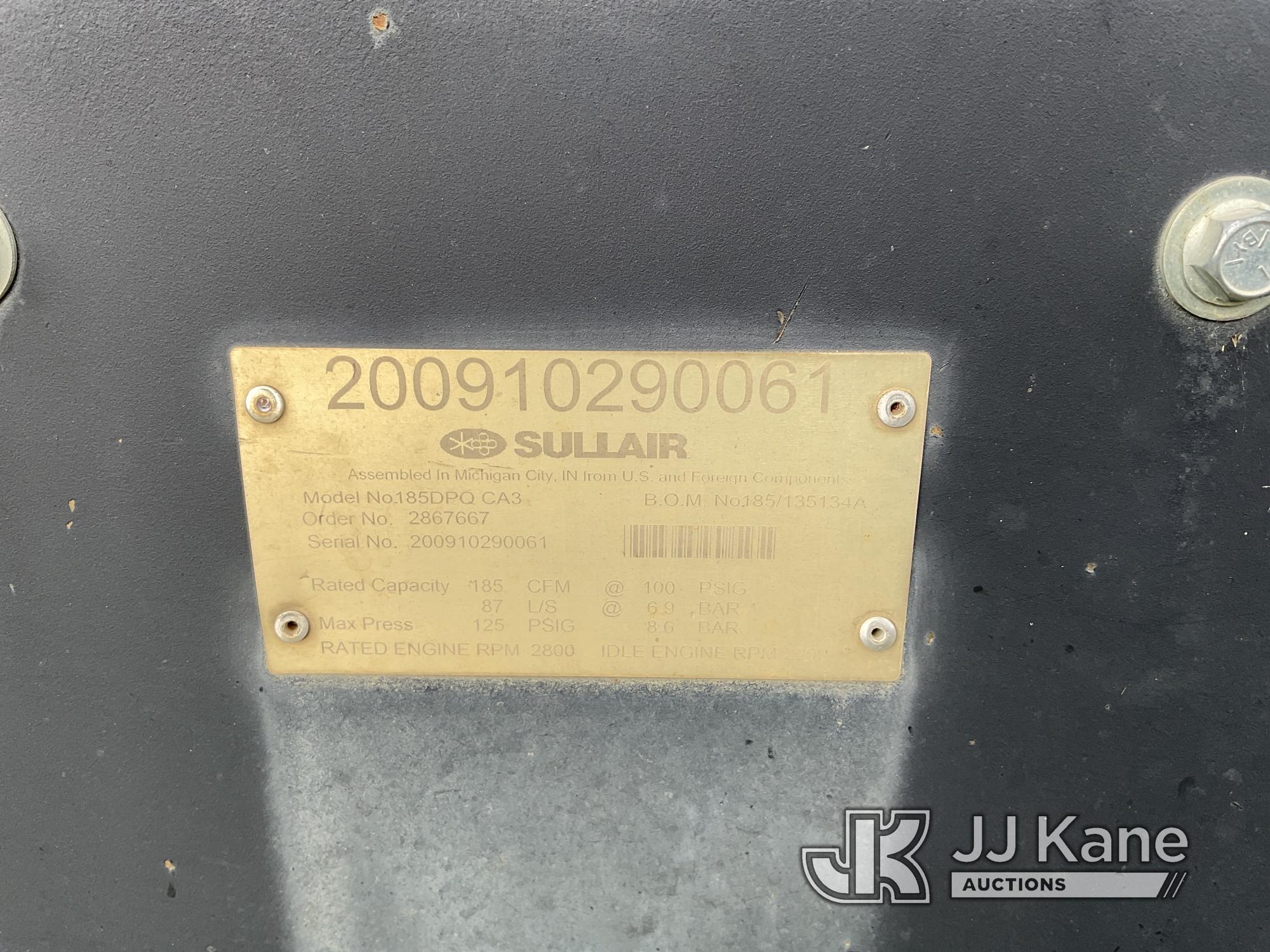 (San Antonio, TX) 2009 Sullair 185DPQ-JD Portable Air Compressor, Trailer Mounted Not Running, Condi