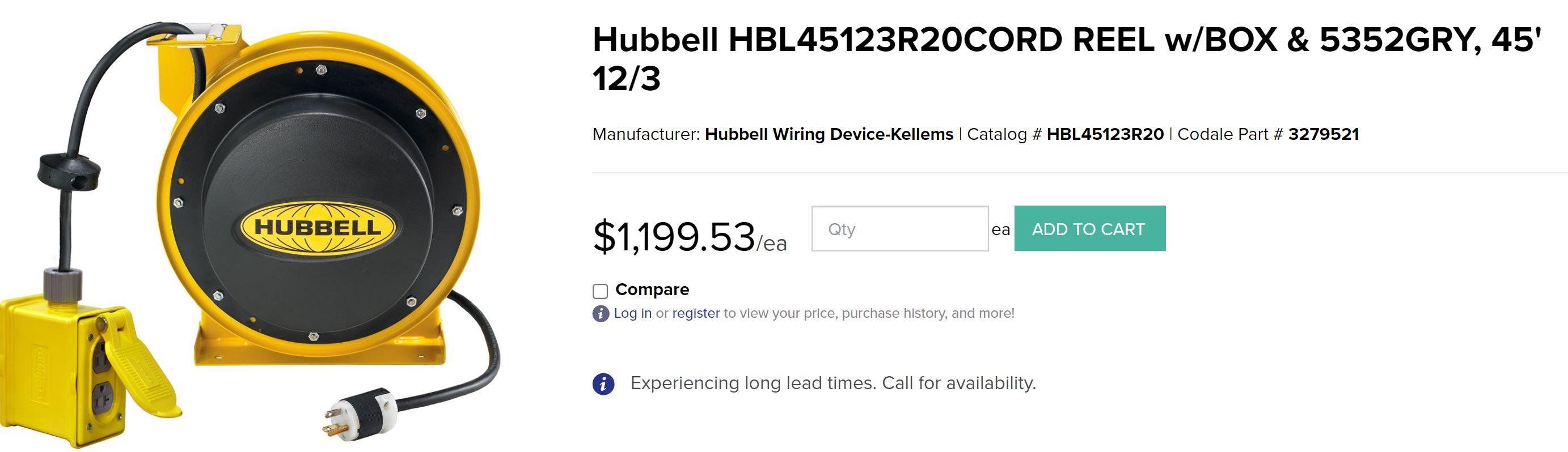 HUBBBELL INDUSTRIAL CORD REEL W/ 45' 12 AWG/3C 20AMP 125V MODEL # HBL45123R220W