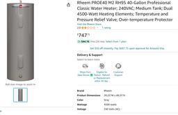 RHEEM 40 GALLON ELECTRIC WATER HEATER MODEL# PROE40 M2 RH95