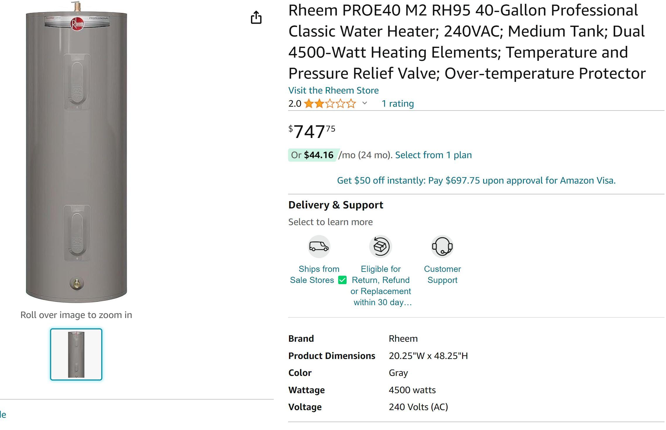 RHEEM 40 GALLON ELECTRIC WATER HEATER MODEL# PROE40 M2 RH95