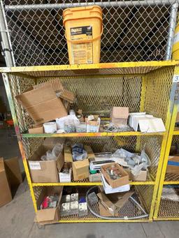 ROLLING METAL CAGE W/ FASTNERS; MISC. ELECTRICAL PARTS & TOOLS