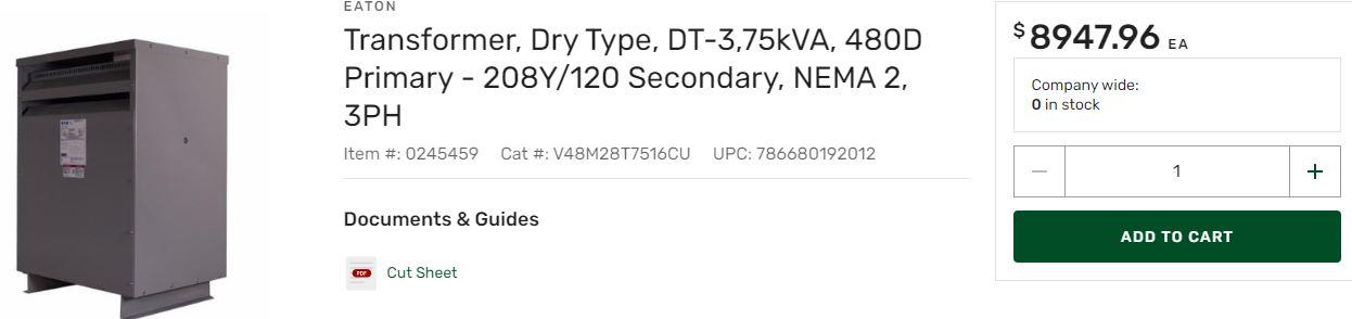EATON LOW VOLTAGE DRY TYPE TRANSFORMER PN V48M28T7516CU; 3 PHASE  75KVA; 480V/208V 60HZ