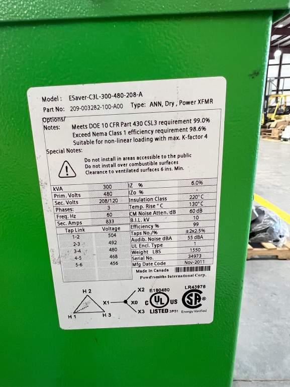 POWERSMITHS ESSAVER-C3L-300-480-208-A DRY TYPE TRANSFORMER; 3 PHASE; 300KVA; 480V/208V; 60HV TYPE 1