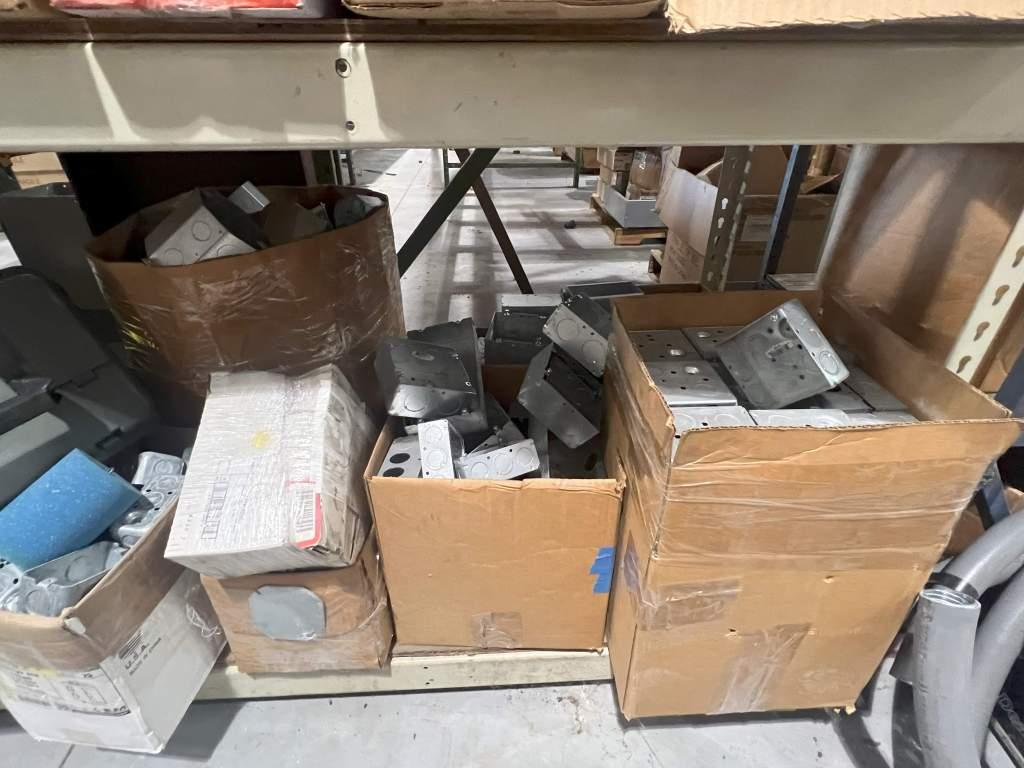 METAL SHELF AND CONTENTS INCLUDING ELECTRICAL GANG BOXES; COVER PLATES; EXIT SIGNS; CONDUIT FITTINGS