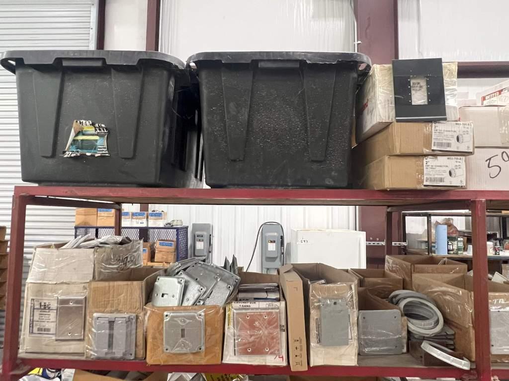 METAL SHELF AND CONTENTS INCLUDING ELECTRICAL RECEPTACLES; GANG BOXES; COVER PLATES; PLASTIC AND MET