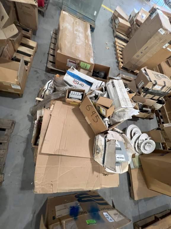 PALLET OF ASSORTED ELECTRICAL PARTS AND HARDWARE; ELECTRICAL BOXES; BOX COVERS; FUSES; METER