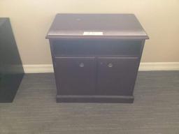 WOOD DESK; ROLLING CHAIR; SIDE TABLE; TWO SMALL FILE CABINETS; ARMCHAIR